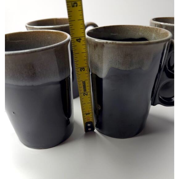 Set of 4 Vintage Brown Drip Glaze Trigger Two-Finger Handle Redware Mug Japan - Picture 12 of 13